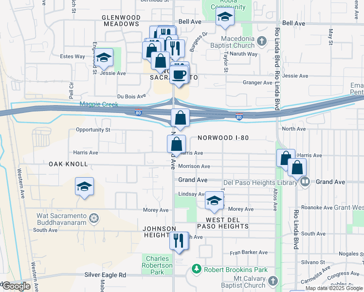 map of restaurants, bars, coffee shops, grocery stores, and more near 3940 Norwood Avenue in Sacramento