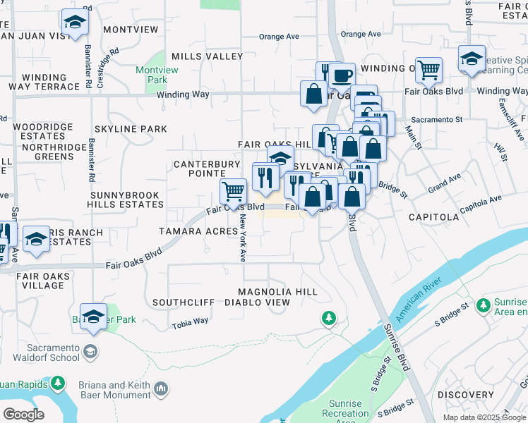 map of restaurants, bars, coffee shops, grocery stores, and more near 9800 Fair Oaks Boulevard in Fair Oaks