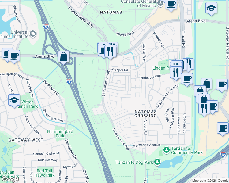 map of restaurants, bars, coffee shops, grocery stores, and more near 2546 Amelia Earhart Avenue in Sacramento