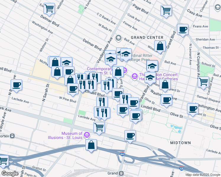 map of restaurants, bars, coffee shops, grocery stores, and more near 3701 Lindell Boulevard in St. Louis