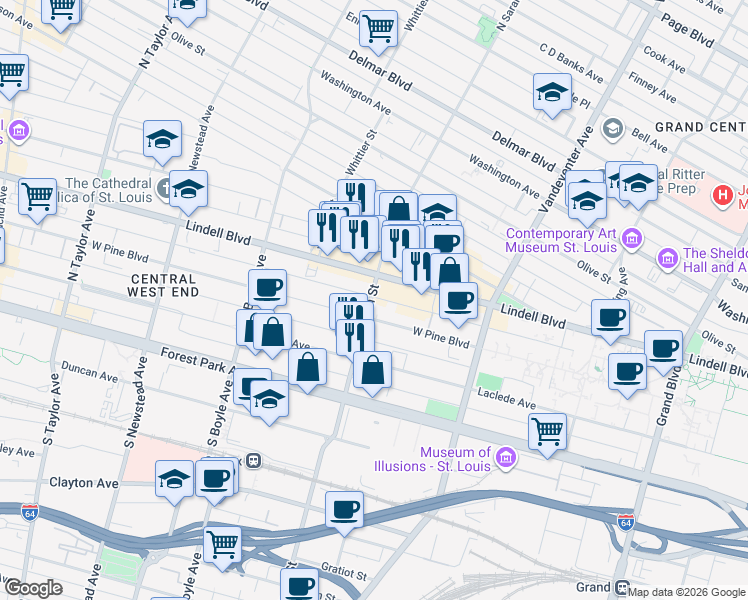 map of restaurants, bars, coffee shops, grocery stores, and more near 4065 West Pine Boulevard in St. Louis