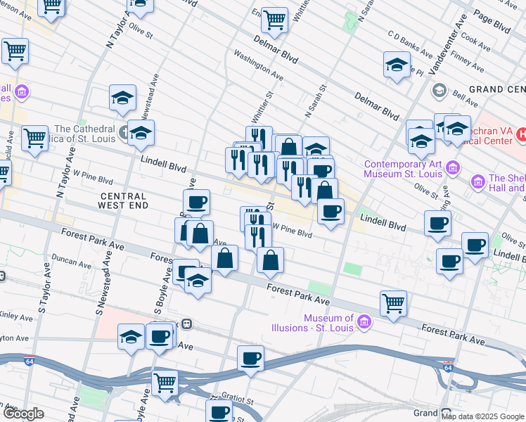 map of restaurants, bars, coffee shops, grocery stores, and more near 4065 West Pine Boulevard in St. Louis
