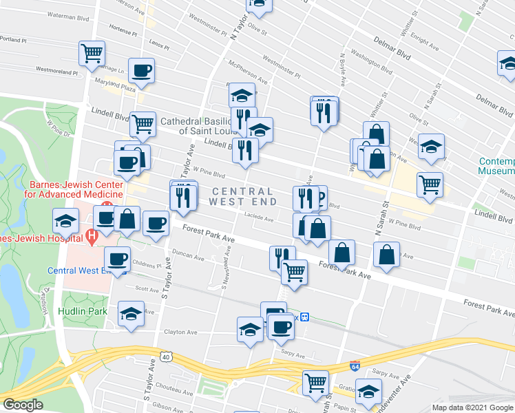 map of restaurants, bars, coffee shops, grocery stores, and more near 4358 Laclede Avenue in St. Louis