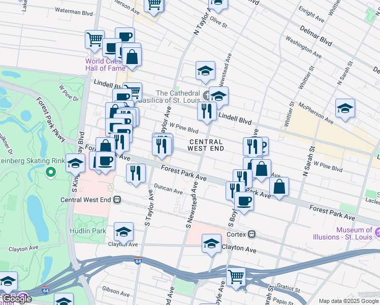 map of restaurants, bars, coffee shops, grocery stores, and more near 4425 Forest Park Avenue in St. Louis