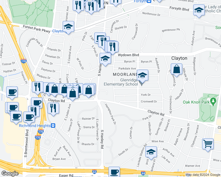 map of restaurants, bars, coffee shops, grocery stores, and more near 7571 York Drive in Clayton