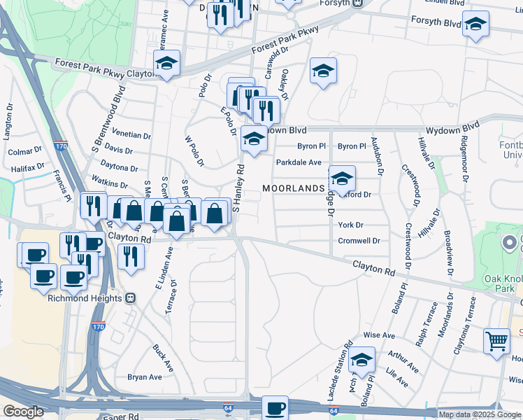 map of restaurants, bars, coffee shops, grocery stores, and more near 900 South Hanley Road in Clayton
