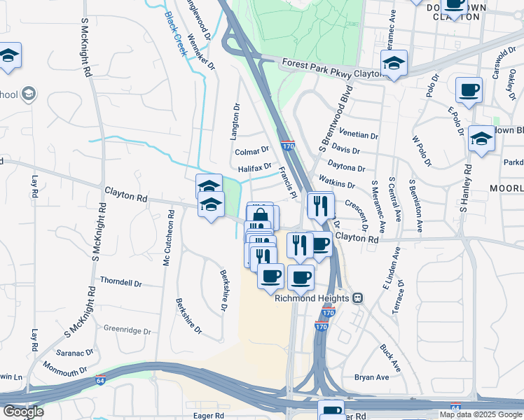 map of restaurants, bars, coffee shops, grocery stores, and more near 8211 Clayton Road in St. Louis