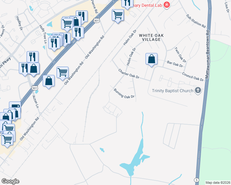 map of restaurants, bars, coffee shops, grocery stores, and more near 2713 Burning Oak Drive in Waldorf