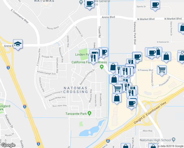 map of restaurants, bars, coffee shops, grocery stores, and more near 20 Sunstone Circle in Sacramento