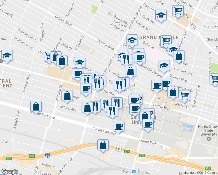 map of restaurants, bars, coffee shops, grocery stores, and more near 3801 Lindell Boulevard in St. Louis
