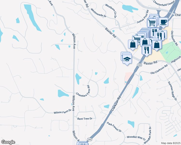 map of restaurants, bars, coffee shops, grocery stores, and more near 1863 Chamfers Farm Court in Chesterfield