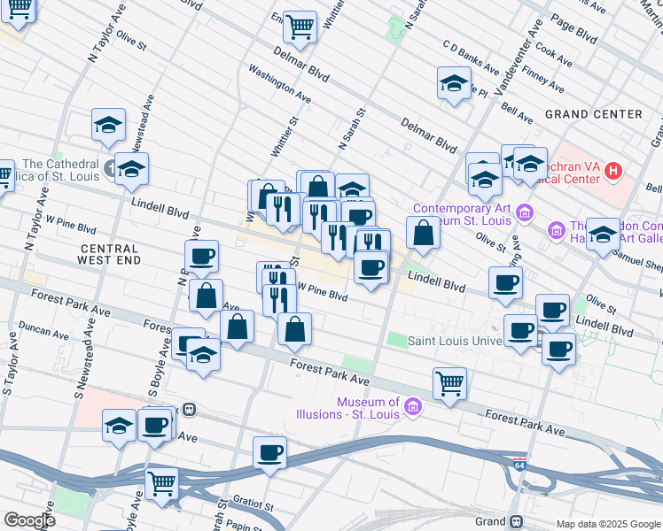 map of restaurants, bars, coffee shops, grocery stores, and more near 4020 Lindell Boulevard in St. Louis