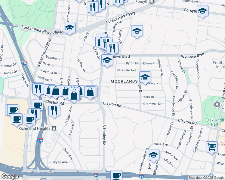 map of restaurants, bars, coffee shops, grocery stores, and more near 803 Westwood Drive in St. Louis