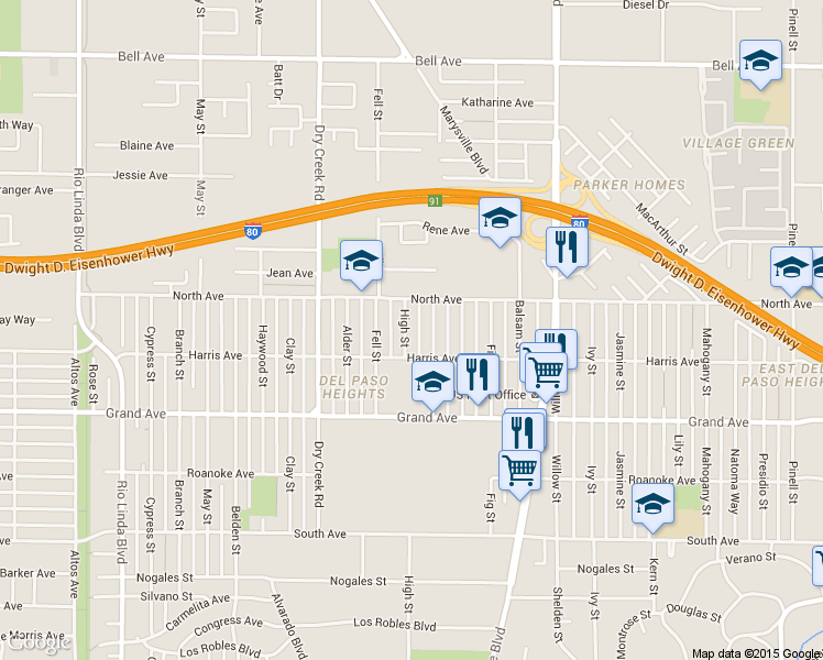 map of restaurants, bars, coffee shops, grocery stores, and more near 3901 High Street in Sacramento