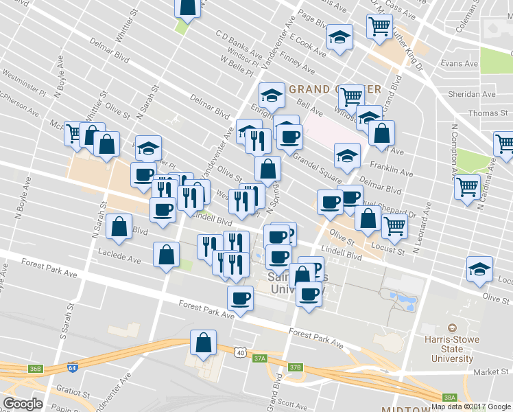 map of restaurants, bars, coffee shops, grocery stores, and more near 3701 Lindell Boulevard in St. Louis