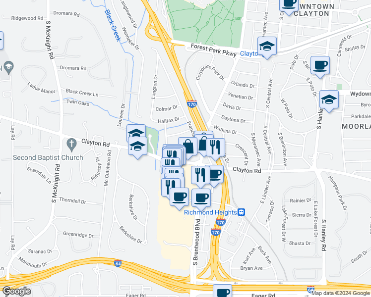 map of restaurants, bars, coffee shops, grocery stores, and more near 8151 Clayton Road in Clayton