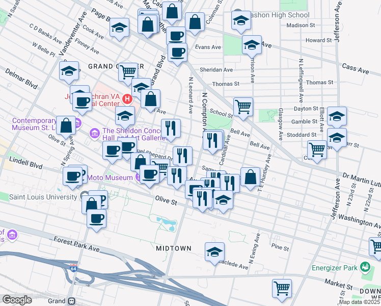 map of restaurants, bars, coffee shops, grocery stores, and more near 3201 Samuel Shepard Drive in St. Louis