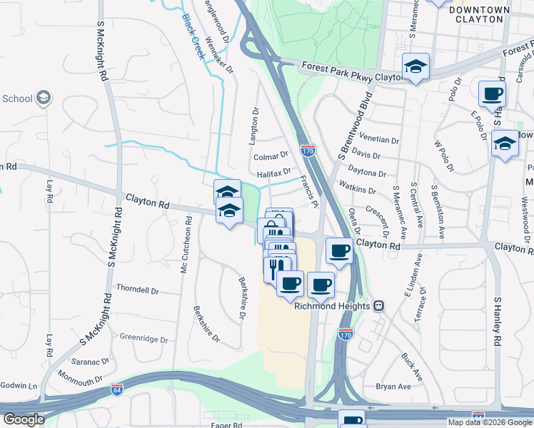 map of restaurants, bars, coffee shops, grocery stores, and more near 8166 Whitburn Drive in Clayton