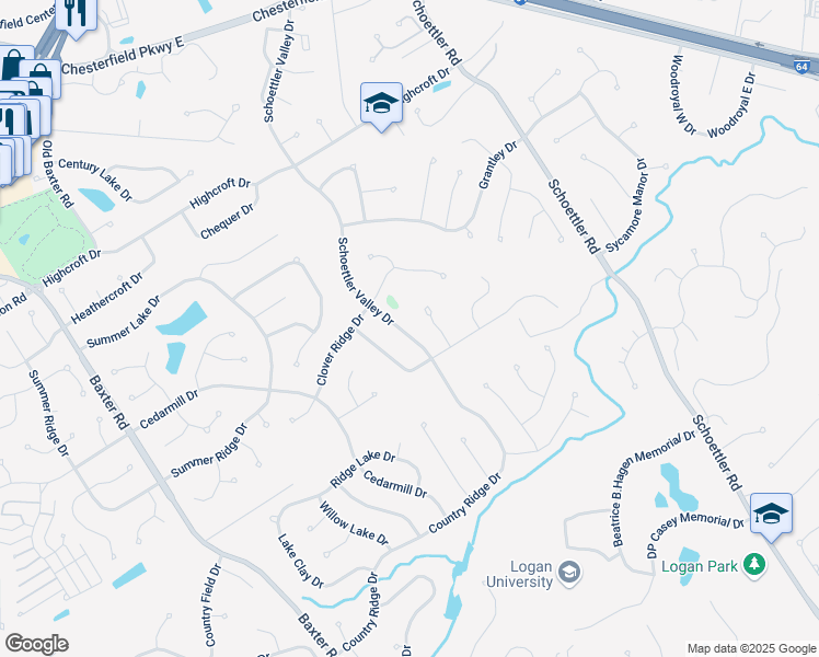 map of restaurants, bars, coffee shops, grocery stores, and more near 1932 Schoettler Valley Drive in Chesterfield