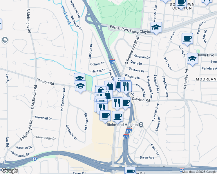 map of restaurants, bars, coffee shops, grocery stores, and more near 8140 Whitburn Drive in Clayton