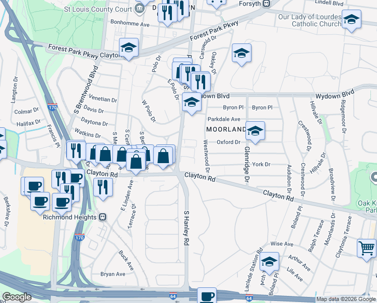 map of restaurants, bars, coffee shops, grocery stores, and more near 900 South Hanley Road in Clayton