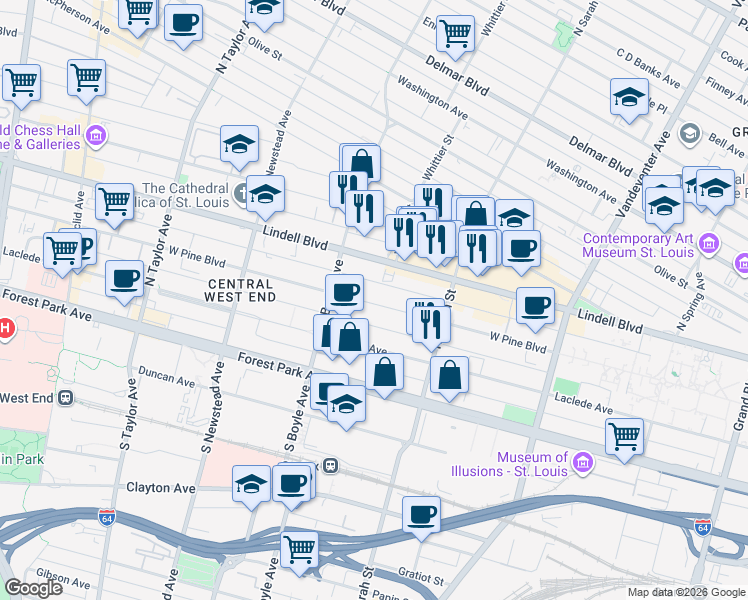 map of restaurants, bars, coffee shops, grocery stores, and more near 4218 Lindell Boulevard in St. Louis