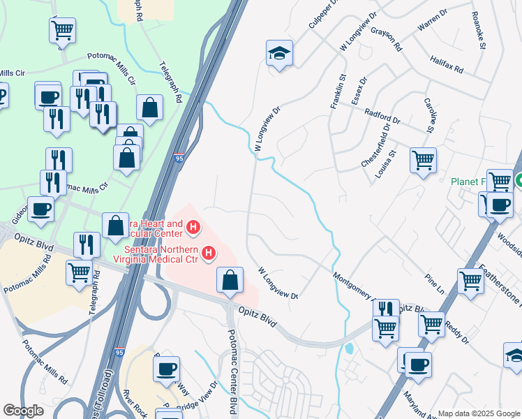 map of restaurants, bars, coffee shops, grocery stores, and more near 2226 Princess Anne Lane in Woodbridge