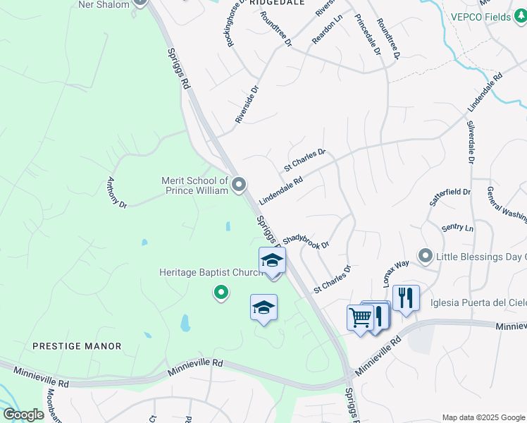 map of restaurants, bars, coffee shops, grocery stores, and more near 14327 Lindendale Road in Woodbridge