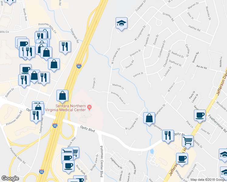 map of restaurants, bars, coffee shops, grocery stores, and more near 2226 Princess Anne Lane in Woodbridge