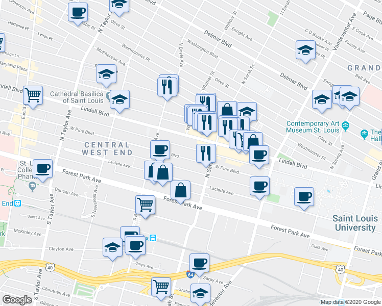 map of restaurants, bars, coffee shops, grocery stores, and more near 4144 Lindell Boulevard in St. Louis