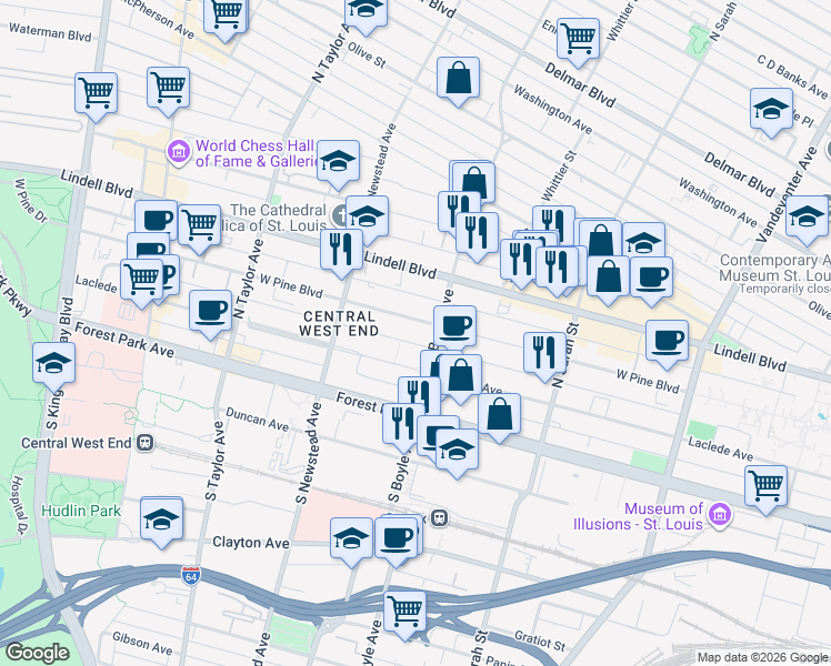 map of restaurants, bars, coffee shops, grocery stores, and more near 4335 West Pine Boulevard in St. Louis