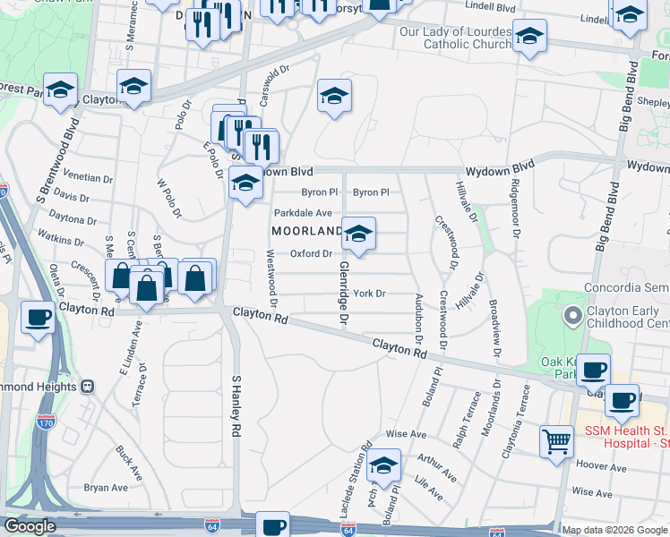 map of restaurants, bars, coffee shops, grocery stores, and more near 7501 Oxford Drive in Clayton