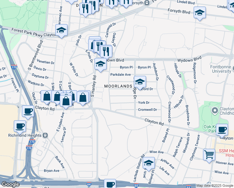 map of restaurants, bars, coffee shops, grocery stores, and more near in Clayton