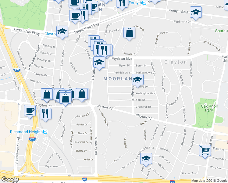 map of restaurants, bars, coffee shops, grocery stores, and more near 7569 Oxford Drive in Clayton