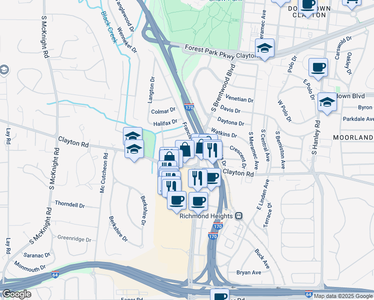 map of restaurants, bars, coffee shops, grocery stores, and more near 8121 Whitburn Drive in Clayton