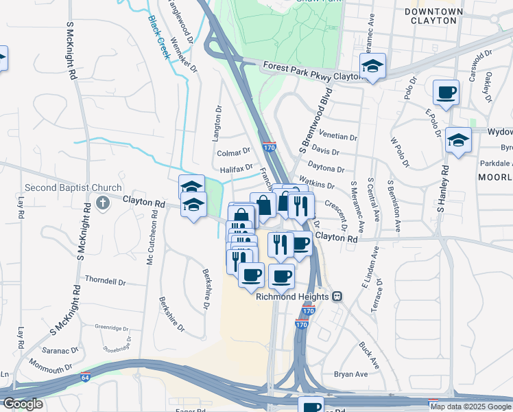 map of restaurants, bars, coffee shops, grocery stores, and more near 8121 Whitburn Drive in Clayton
