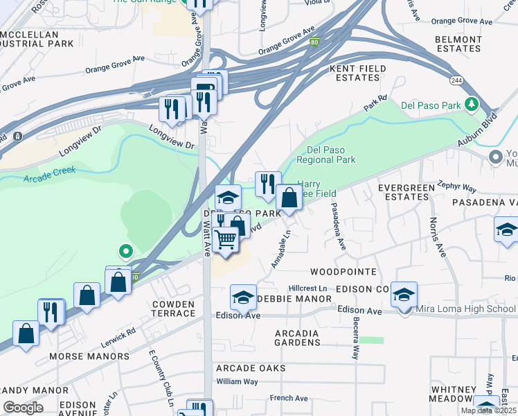 map of restaurants, bars, coffee shops, grocery stores, and more near 3615 Auburn Boulevard in Sacramento