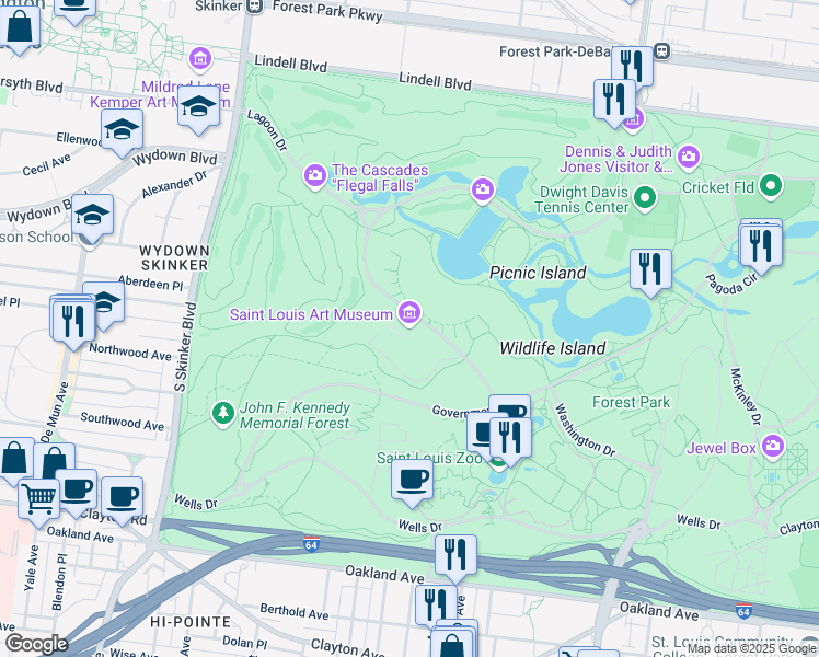 map of restaurants, bars, coffee shops, grocery stores, and more near 1 Fine Arts Drive in St. Louis