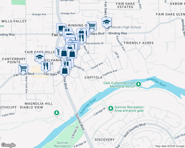 map of restaurants, bars, coffee shops, grocery stores, and more near 8040 Grand Avenue in Fair Oaks