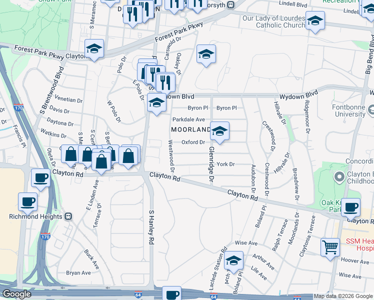 map of restaurants, bars, coffee shops, grocery stores, and more near in Clayton