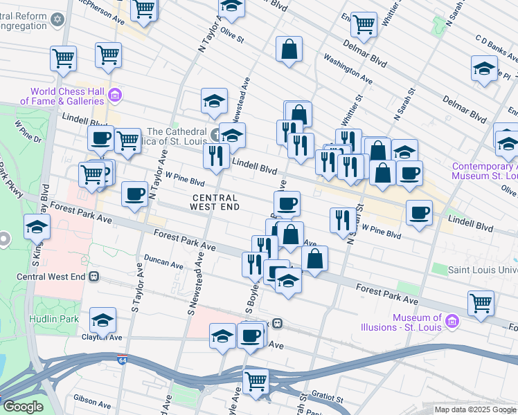 map of restaurants, bars, coffee shops, grocery stores, and more near 4335 West Pine Boulevard in St. Louis