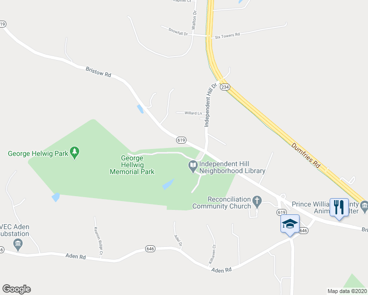 map of restaurants, bars, coffee shops, grocery stores, and more near 14416 Bristow Road in Manassas