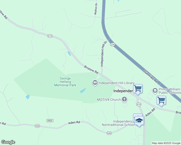 map of restaurants, bars, coffee shops, grocery stores, and more near 14416 Bristow Road in Manassas
