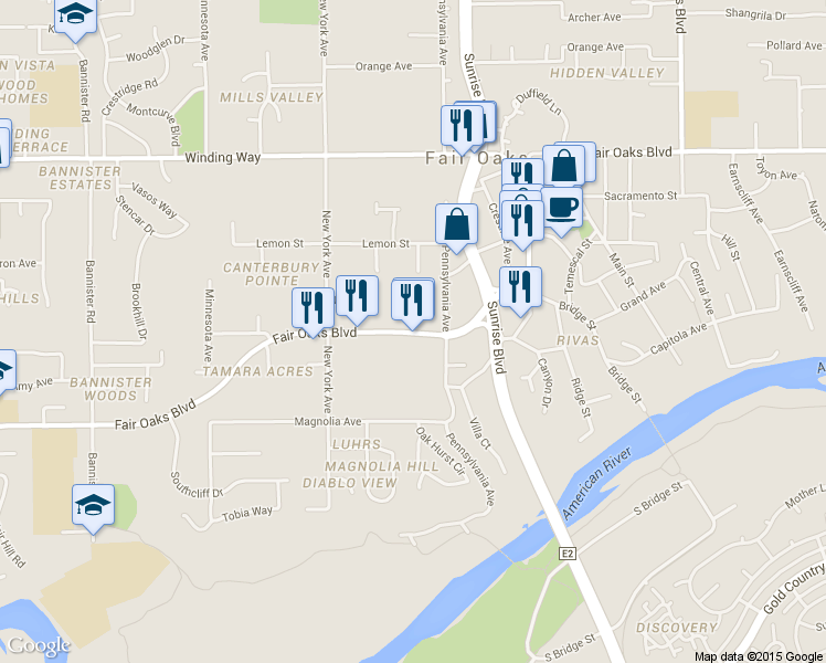 map of restaurants, bars, coffee shops, grocery stores, and more near 9849 Fair Oaks Blvd in Fair Oaks