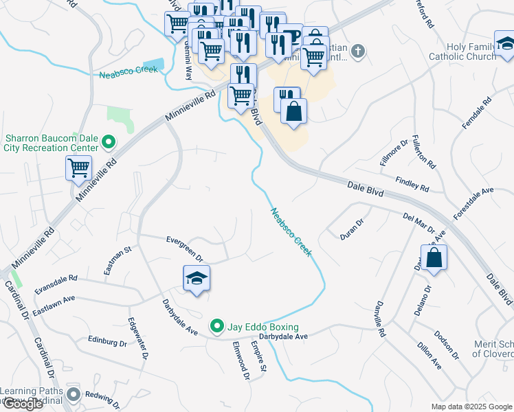 map of restaurants, bars, coffee shops, grocery stores, and more near 4201 Evergreen Drive in Woodbridge