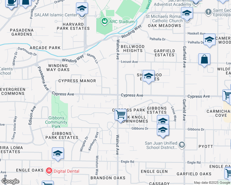 map of restaurants, bars, coffee shops, grocery stores, and more near 4105 Walnut Avenue in Carmichael