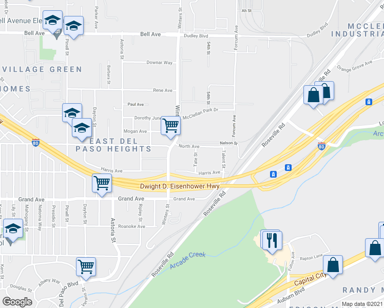 map of restaurants, bars, coffee shops, grocery stores, and more near 3937 Tate Street in Sacramento