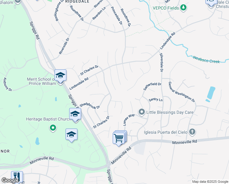 map of restaurants, bars, coffee shops, grocery stores, and more near 14376 Springbrook Court in Woodbridge