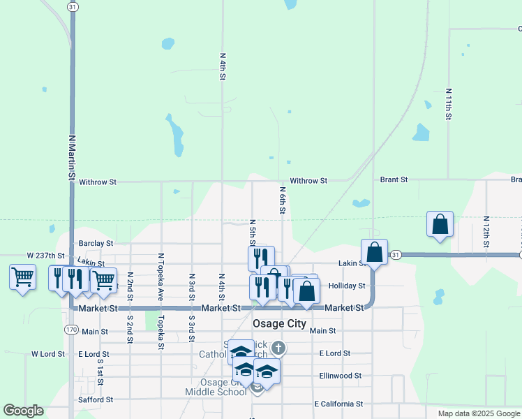 map of restaurants, bars, coffee shops, grocery stores, and more near 601 N 5th St in Osage City