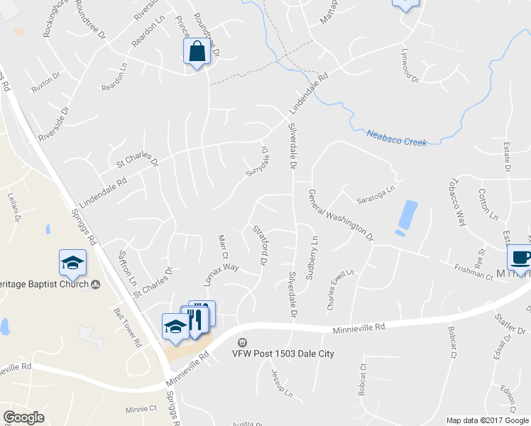 map of restaurants, bars, coffee shops, grocery stores, and more near 5387 Shamus Court in Woodbridge